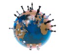 symbol of geopolitics the world globe with chess pieces
